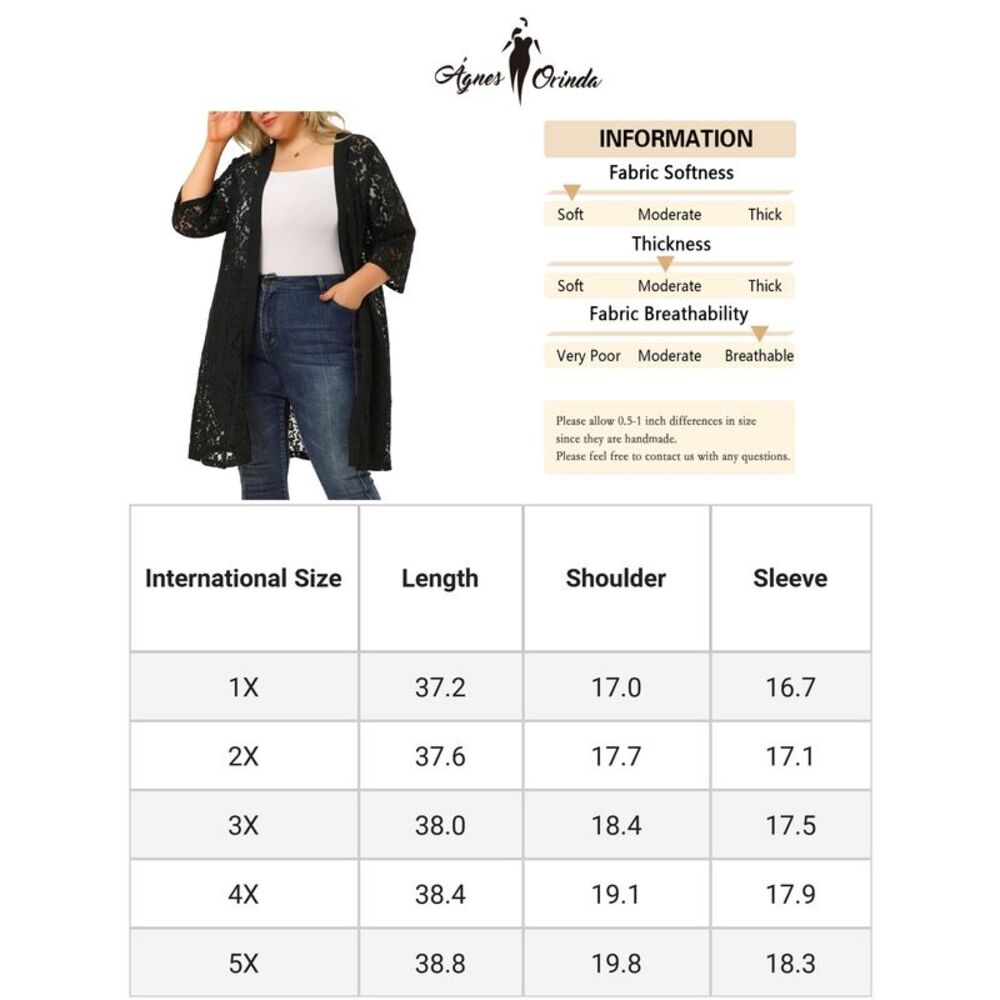 Plus Size Cardigans Women Lace Crochet 3/4 Sleeve Sheer Cover Up Jacket Black - Picture 6 of 6
